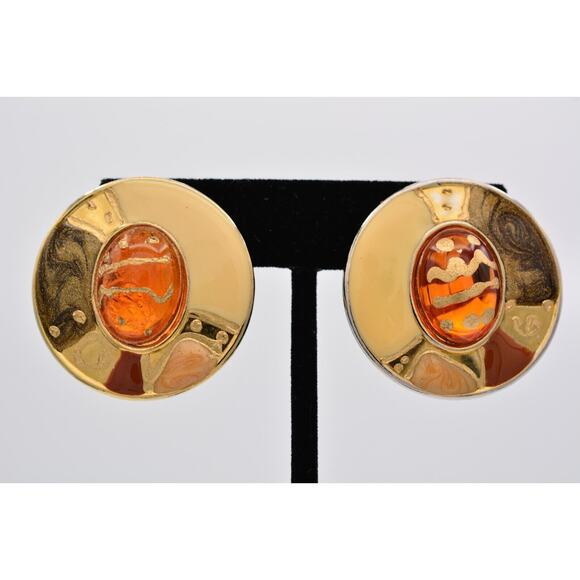 Vintage Cabochon Clip On Earrings Orange Painted Gold Enamel Round Chunky 80s 9E - Picture 1 of 12